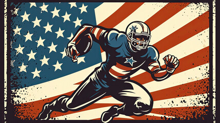  american football gridiron quarterback player throwing ball , american flag background