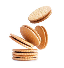 Crispy cookies with chocolate filling. Stack of crispy cookies isolated on a white background