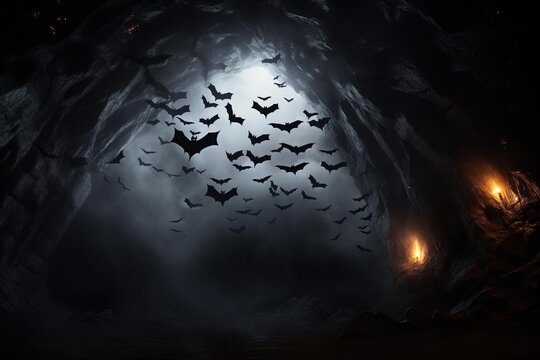 Bats flying out of a dark cave mouth against a twilight sky - Powered by Adobe