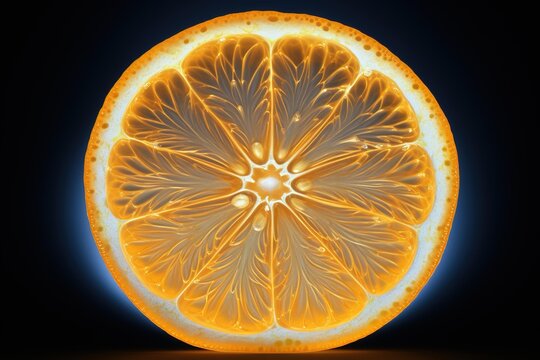 Cross-section of an orange, illuminated from behind