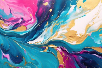 Close-up of oil paint swirls in vibrant hues of turquoise, gold, and magenta