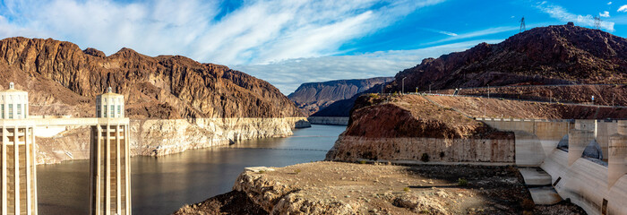 Nice panoramic photo of the Hoover Dam, located on the course of the Colorado River, on the border...