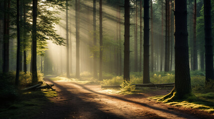 Obraz premium A peaceful forest clearing with sunbeams shining through