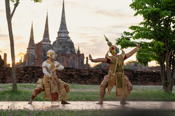 Pantomime (Khon) is traditional Thai classic masked play enacting scenes from the Ramayana in a...