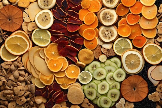 Dried slices of various fruits like apples, bananas, and kiwis