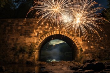 Firework burst framed by an arch of a stone bridge