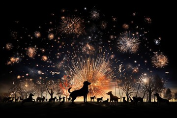 Fototapeta na wymiar Firework bursts forming shapes of animals in the sky