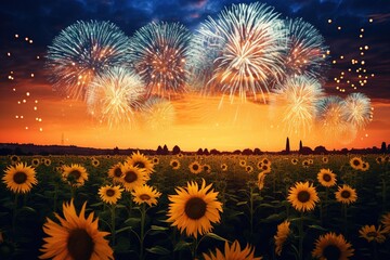Fireworks lighting up a field of sunflowers at dusk