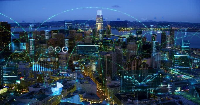 Futuristic Hyper Connected view of San Francisco Skyline with Charts and Financial Figures. Augmented Reality Elements.