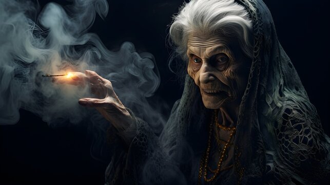 The old witch  in dynamic pose dark room, smoke Fairy tales on Halloween.