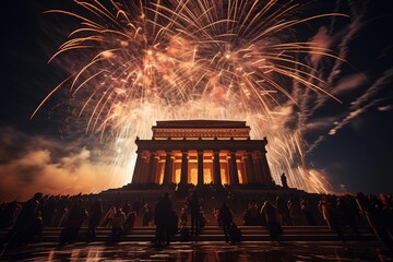 Obraz premium Fireworks synchronized with a light show on a historic monument