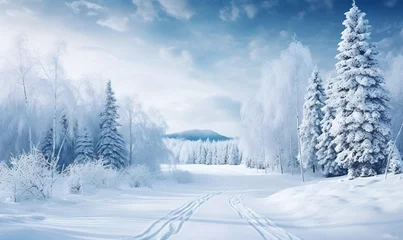 Poster A snowy road leading through a snowy forest. An inhospitable winter landscape with a snowy road. © trompinex