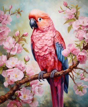 A vibrant pink parrot sitting on a branch in a colorful painting