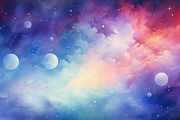 Galaxy-themed watercolor background, with planet silhouettes and star bursts