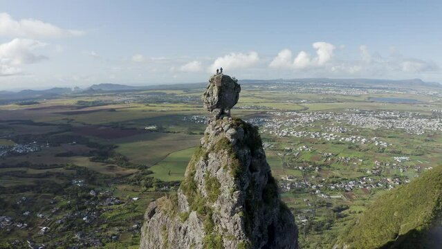 Aerial view of people on the top of the Pieter Both mountain peak, Malenga, Pamplemousses, Mauritius.