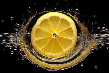 Lemon sliced in half, floating in carbonated water