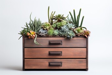 Modern minimalist chest with succulent plants arranged on top