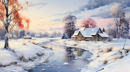 Winter Wonderland, Vibrant Watercolor Painting of a Charming Village Landscape