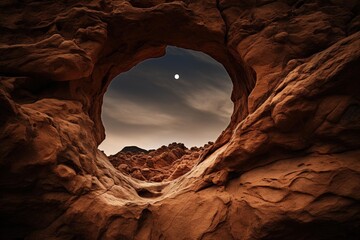 Moon visible through the eye of a natural rock formation