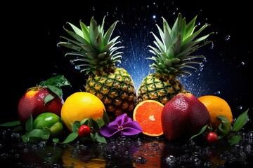 Neon-lit tropical fruits like mango and pineapple on a dark background