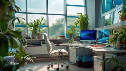 Inspiring office interior design Contemporary style Office featuring Wall of windows architecture....