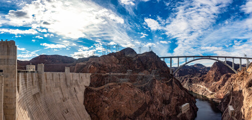 Panoramic view of the Mike O'Callaghan-Pat Tillman Memorial Bridge, next to the Hoover Dam on the...
