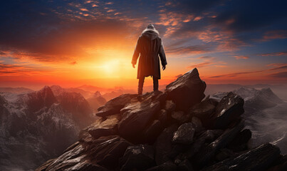 A man admiring the sunset from the peak of a mountain