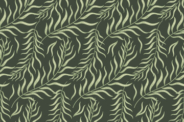 Decorative natural twig with leaves. Vector seamless flat pattern, plant branches.