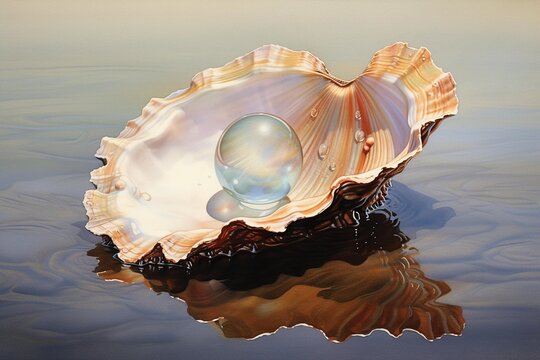 Open clam shell with a pearl inside, depicted in soft watercolors