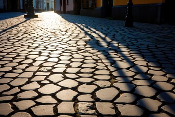 Shadow and light pattern on a cobblestone street from wrought iron gates