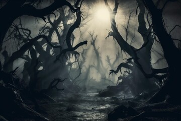 Spooky forest with fog and skeletal trees under a full moon