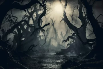 Tuinposter Spooky forest with fog and skeletal trees under a full moon © Dan