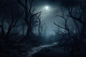 Spooky forest with fog and skeletal trees under a full moon