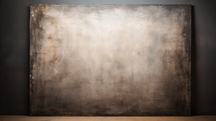 Old blackboard on a wooden table and grey wall background. Mock up