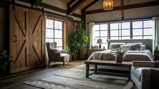 Bedroom decor, home interior design . Farmhouse Rustic style with Barn Door decorated with Wood and Wicker material . Generative AI AIG26.