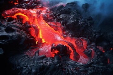 Splash of molten lava against a volcanic rock background