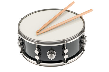 Drum with drumsticks, marching drum. 3D rendering isolated on transparent background - obrazy, fototapety, plakaty