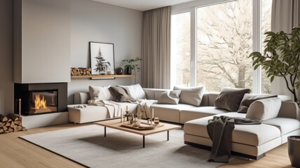 Living room decor, home interior design . Contemporary Scandinavian style with Fireplace decorated with Wood and Leather material . Generative AI AIG26.