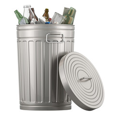 Metal Trash Can with trash. 3D rendering isolated on transparent background - 663477599