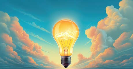 A surreal painting of a light bulb illuminating the sky