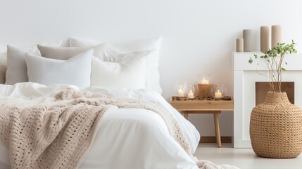 Fototapeta na wymiar a bed with a white comforter and pillows and a table with candles. generative ai