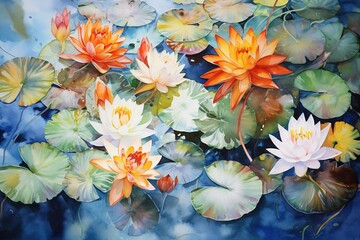 Top-down watercolor of koi fish swimming in a lily pond