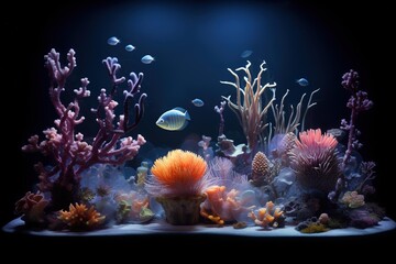 Underwater shot of coral reefs with bio-luminescent creatures