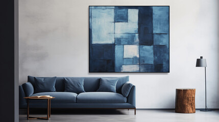 Contemporary living room interior with blue sofa, coffee table and abstract painting on wall. Mock up