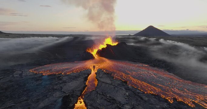 Aerial view of Litli-Hrutur (Little Ram) Volcano during an eruption on Fagradalsfjall volcanic area in southwest Iceland, it's a fissure eruption started on the Reykjanes Peninsula, Iceland.