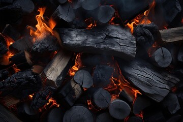 Ash and ember textures in a fireplace, shot at a high angle