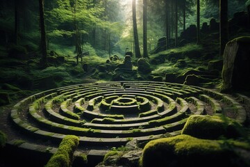 A labyrinth made of stones in the middle of a lush, green forest