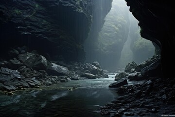 A layer of fog hovering over a subterranean river in a cave