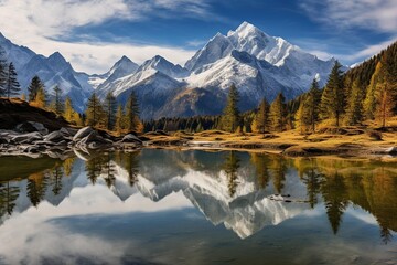 Fototapeta na wymiar Alpine lake reflections capturing the surrounding mountain landscape