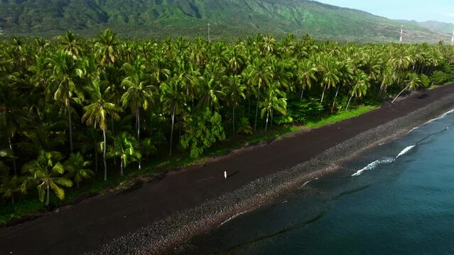 Aerial view of a woman walking on the black sand beach along the coast in Gretek, Bali, Indonesia.